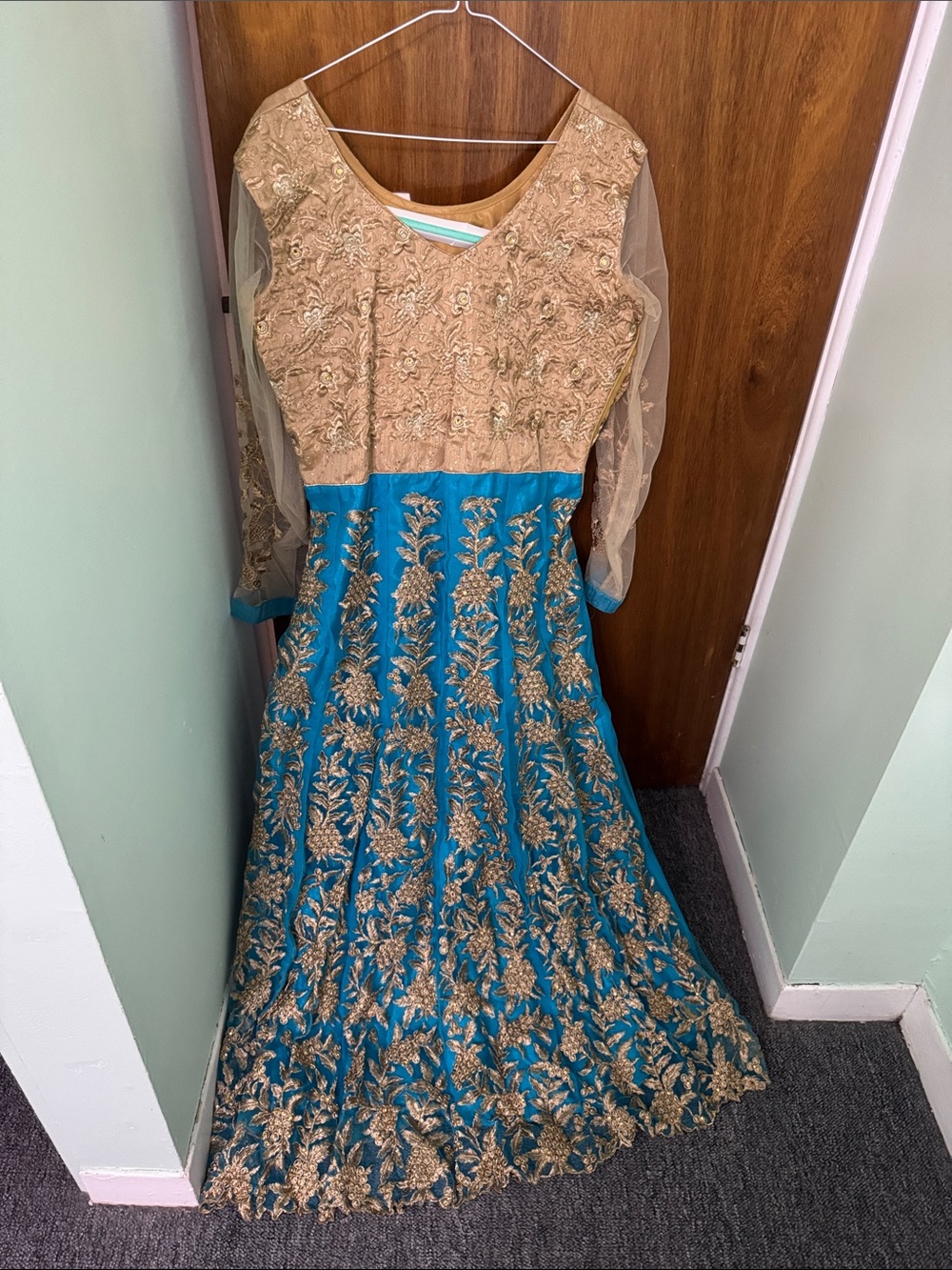 Elegant Teal and Gold Embroidered Anarkali